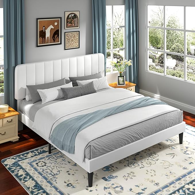 VECELO King Size Bed Frame with Upholstered Headboard, Velvet Platform Bedframe Mattress Foundation, Strong Wood Slat Support, No Box Spring Needed,White