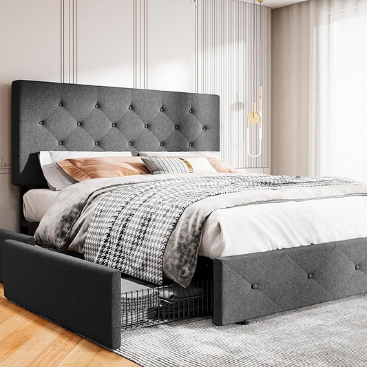 MUTICOR Full Size Bed Frame with 4 Storage Drawers, Upholstered Platform Bed with Button Tufted Adjustable Headboard, No Box Spring Needed, Easy Assembly, Diamond Tufted, Dark Grey Fabric