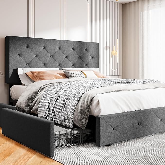 MUTICOR Queen Size Bed Frame with 4 Storage Drawers, Upholstered Platform Bed with Button Tufted Adjustable Headboard, No Box Spring Needed, Easy Assembly, Diamond Tufted, Dark Grey Fabric