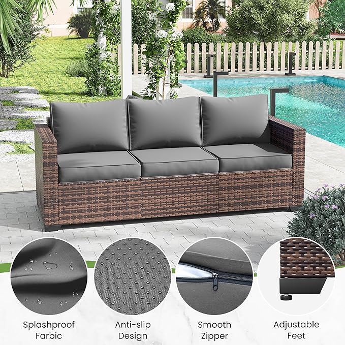 Amopatio Patio Couch, 2-Seat Outdoor Furniture, Wicker Porch Furniture Outdoor Couch Sofa with Water-Resistant Cover & Non-Slip Cushions, Premium Patio Set, Grey