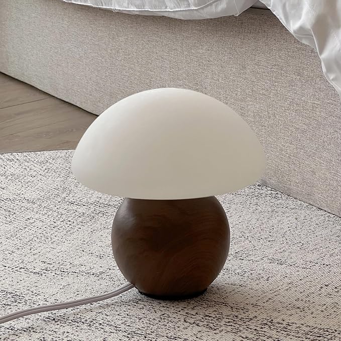 Mushroom Lamp Ceramic Base,WoodColour Cute 70s Mid Century Modern Decor Lamp for Bedroom,Small Abstract Table Bedside Glass Mood Coze Fun Warm Light