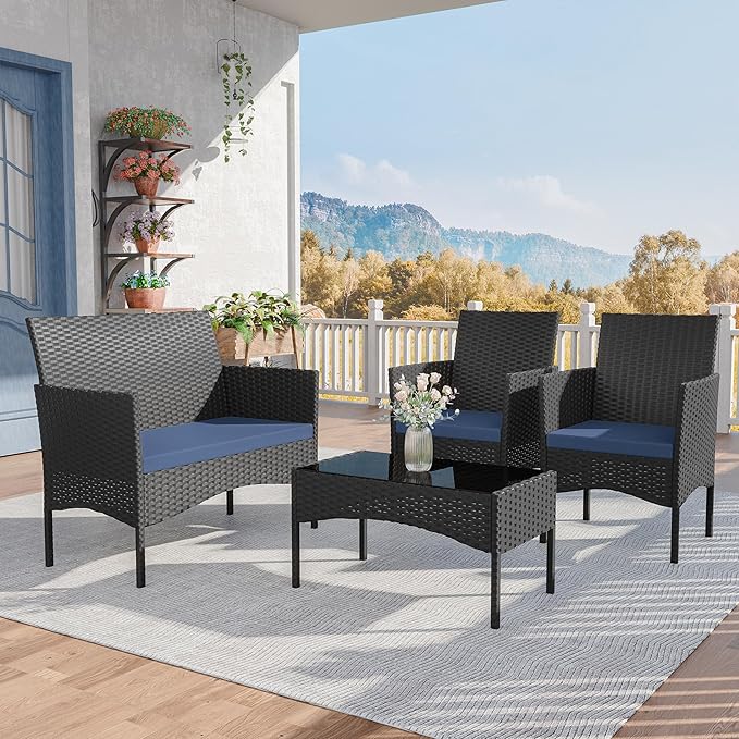 Kurapika Patio Furniture Set 4 Pieces Outdoor Wicker Rattan Chairs Conversation Sets w/Coffee Table, Rocking Bistro Set, for Deck,Patio,Backyard,Lawn (Navy Blue)