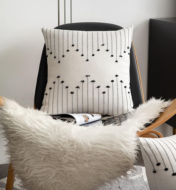 Caflife Boho Throw Pillow Covers 18x18 Set of 2 Decorative Pillows for Bed, Neutral Pillow Covers Beige with Black Line Throw Pillows for Modern Farmhouse Couch Sofa Living Room Outdoor