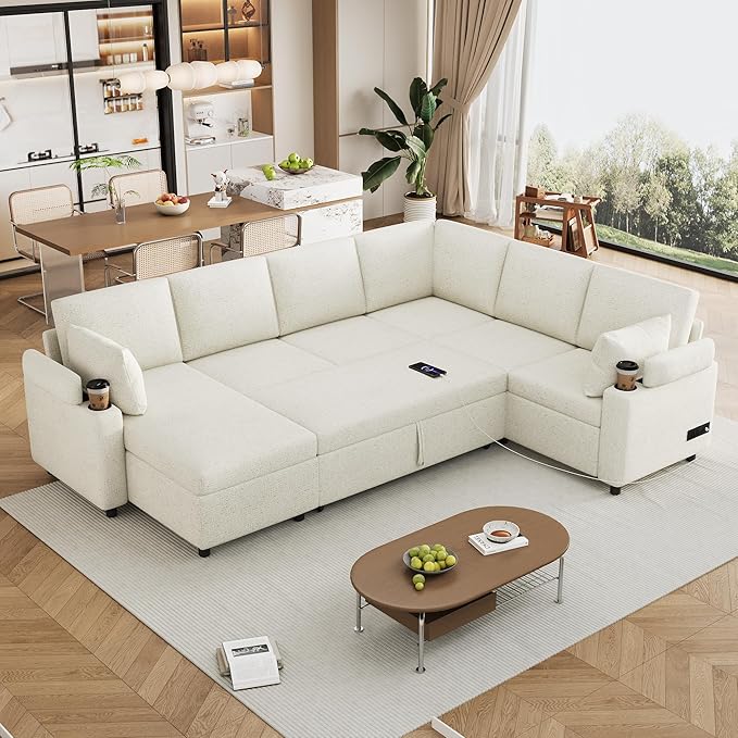 Ball & Cast 109.9" Sectional Sofa with Pull Out Bed, Chenille Upholstered Sleeper Sofa bed with Storage Chaise, Convertible U Shaped Couch with Two Cup Holders and Charging Ports for Living Room,Beige