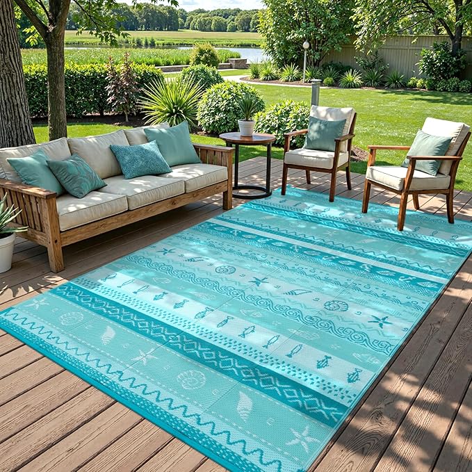 Lahome Outdoor Rug Waterproof, 5x8ft Reversible Outdoor Plastic Straw Rug for Camping, RV Patio Rugs Outside Carpet for Porch Deck Backyard Balcony Picnic(Blue/Multi,5'x 8')