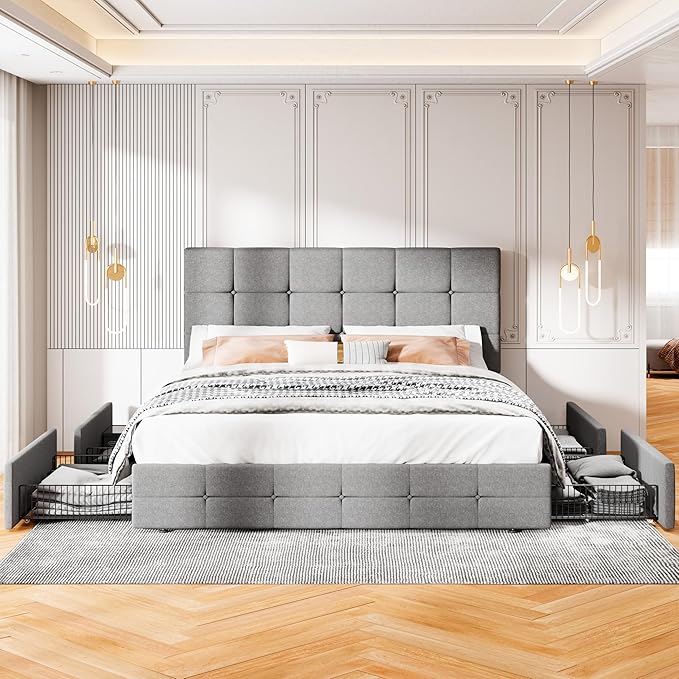 MUTICOR Queen Size Bed Frame with 4 Storage Drawers, Upholstered Platform Bed with Button Tufted Adjustable Headboard, No Box Spring Needed, Easy Assembly, Square Tufted, Light Grey Fabric