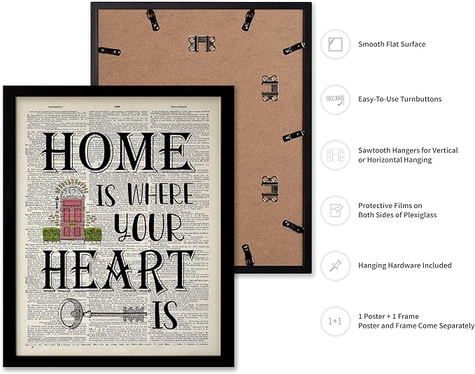 Poster Master Dictionary Art Poster - Home Is Where Your Heart Is Print - Motivational Art - Gift for Men & Women - Inspiring Wall Decor for Dorm, Bedroom or Living Room, 16x20 Black Framed