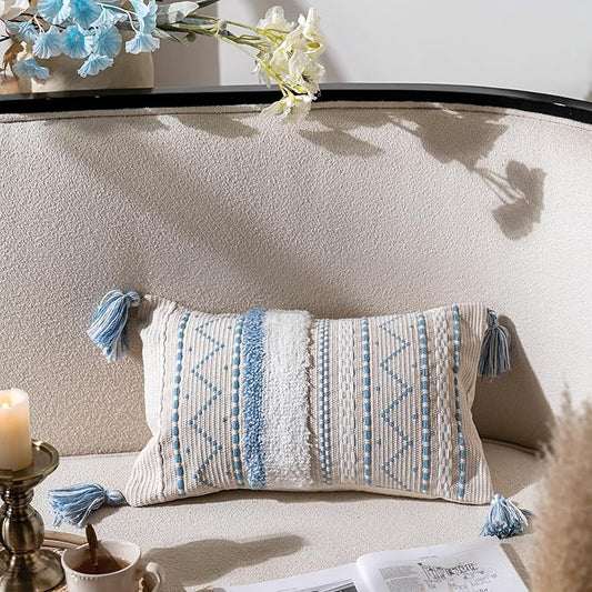 Blue Decorative Lumbar Throw Pillow Cover 12x20 Rectangular Boho Accent Pillowcase Neutral White Farmhouse Cushion for Couch Sofa Bedroom Living Home Décor (Cover ONLY, Pack of 1)