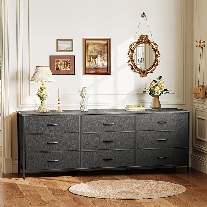 Huuger 63 Inch Dresser for Bedroom, Dresser for Closet with 9 Drawers, Large TV Stand for 55, 65, 70 Inch TV, Entertainment Center with Storage, Wide Long Chest of Drawers, Black