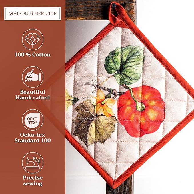 Maison d' Hermine Pot Holders 100% Cotton Heat Resistant Potholders 8" x 8" Hot Pads with Loop for Thanksgiving Christmas Decorations BBQ Cooking Baking Handling Hot Pans (Pack of 1, Potiron)