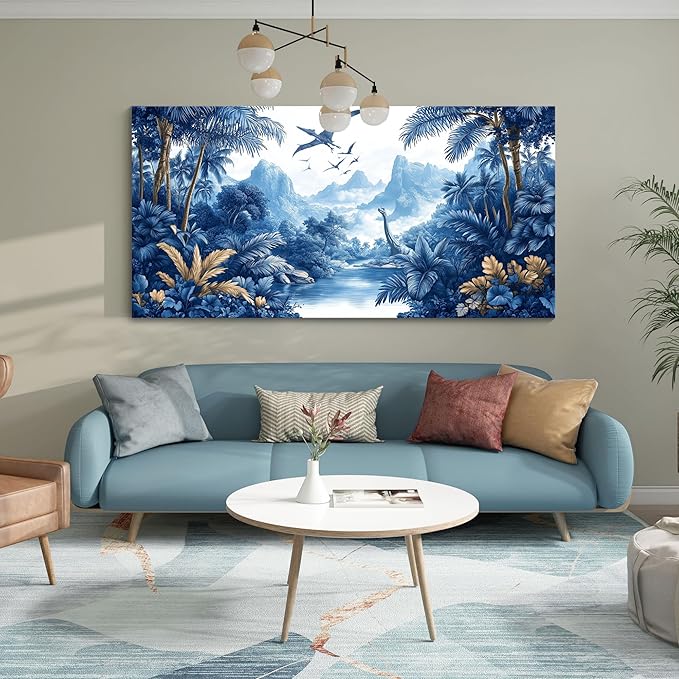 HKDGOKA Jurassic Dinosaurs Wall Art, Large Mountains Tree Landscape Wall Painting Blue Forest Canvas Print Artwork for Boy Bedroom Living Room Classroom Cool Modern Home Decor 29x58 IN