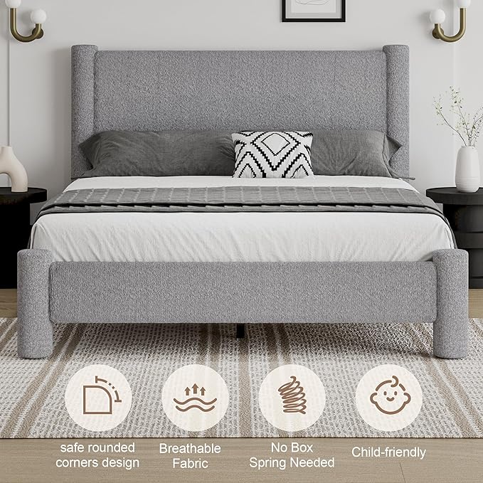 Full Size Bed Frame, Boucle Upholstered Platform Bed with Headboard and Footboard, Soft Rounded Corners, No Box Spring Required, Easy Assembly, Light Grey