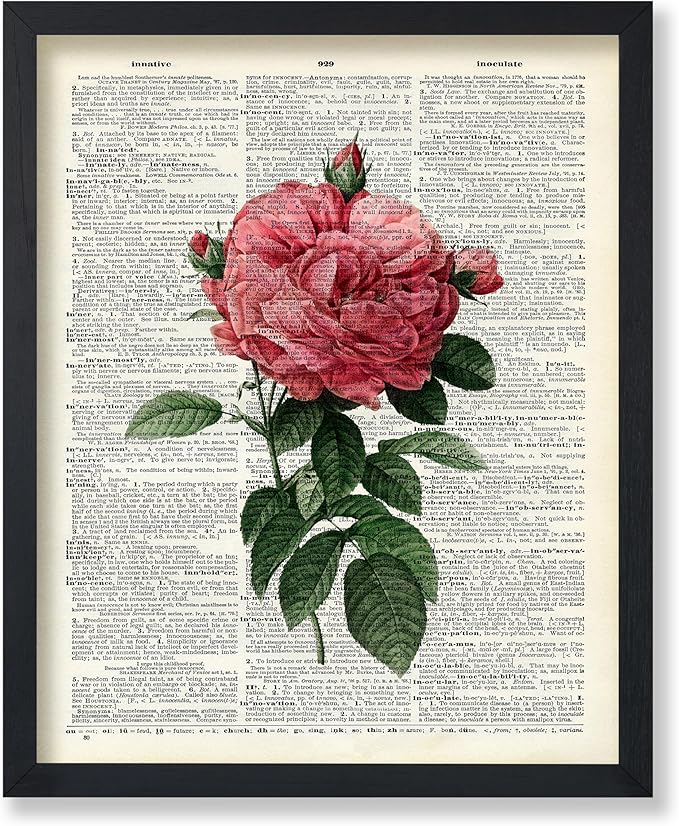 Poster Master Dictionary Art Poster - Pink Roses Print - Flower Art - Floral Art - Gift for Him, Her & Florist - Minimal Decor for Living Room, Bedroom, Dorm or Flower Shop - 11x14 UNFRAMED Wall Art