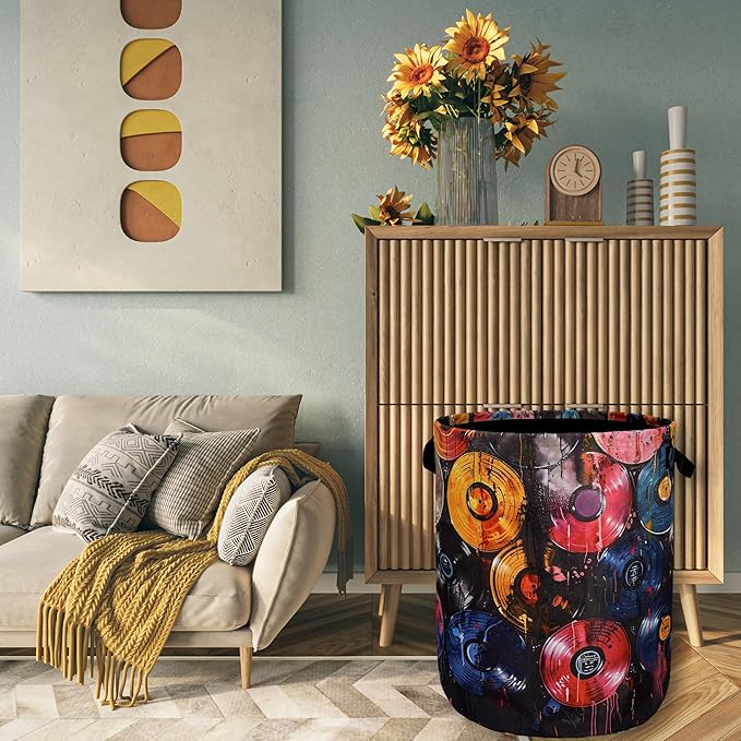Colorful Music Graffiti Laundry Basket Foldable With Handles Tote Bag Oxford Cloth Funny Laundry Hamper 18.9" x 16.5" Clothes Storage Bucket Toy Organizer For Bathroom/Laundry/Bedroom