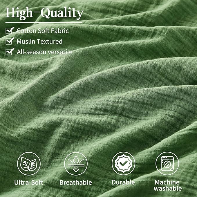 MEISHANG Muslin Duvet Cover King Size - 100% Organic Cotton, Soft Textured Gauze Weave Comforter Cover for Breathable All-Season with Zipper Closure - 3 Piece Set (King, Dusty Green)