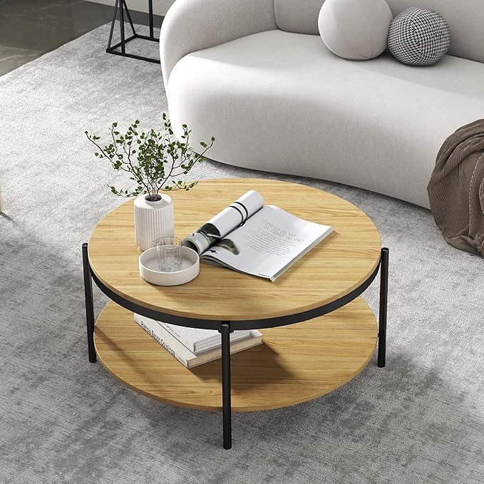 Manora Round Coffee Table with Storage Shelf, Rustic Wood Center Table with Black Metal Frame, Modern Circle Living Room Table for Small Spaces (Oak)