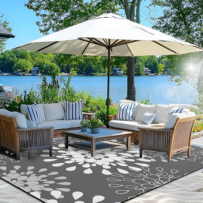 Wallona Outdoor Rugs 8x10 ft Patio Waterproof Clearance Indoor Outdoor Large Carpet for Patio Plastic Straw Reversible Area Rugs Mat for RV, Camping, Balcony, Beach, Picnic, Porch, Flower Grey & White