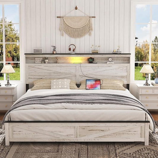 Farmhouse Wooden Bed Frame King Size with Storage Headboard, Boho Platform Bedframe with LED Lights and Charging Station, Metal Slats Support, No Box Spring Needed, White