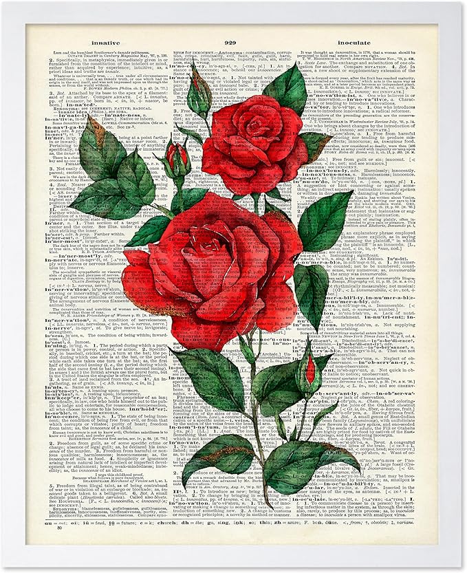 Poster Master Dictionary Art Poster - Red Roses Print - Flower Art - Floral Art - Gift for Men, Women & Florist - Minimal Decor for Living Room, Bedroom, Dorm or Flower Shop, 16x20 White Framed