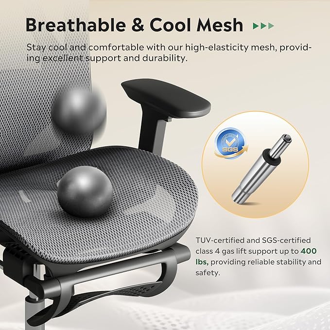 DEVAISE Ergonomic Mesh Office Desk Chair, Retractable Footrest and Adjustable Lumbar Support, Comfy High Back Reclining Computer Gaming Chair, Tilt Function, Heavy Duty, SGS Class 4 Gas Lift, Grey