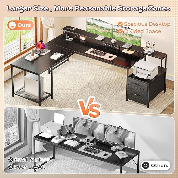 PRAISUN 66 Inch L Shaped Computer Desk with Power Outlets and LED Lights, Home Office Desk with Fabric Drawers and Print Stand, L Shape or Long Set up, Monitor Stand, Mesh CPU Stand, Black