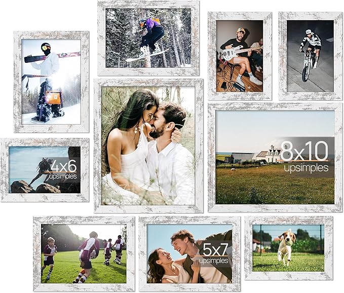 upsimples 10 Pack Picture Frames Collage Wall Decor for Mounting or Tabletop Display, Photo Gallery Frame Set for Family, Multi Sizes Including 8x10, 5x7, 4x6, Rustic White