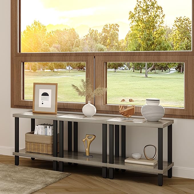 Large End Table Farmhouse Side Table Industrial Style Sofa Table Metal X Accent Wood Coffee Table NightStand with Storage Shelf for Living Room Bedroom Oak Grey MLBZ16Z