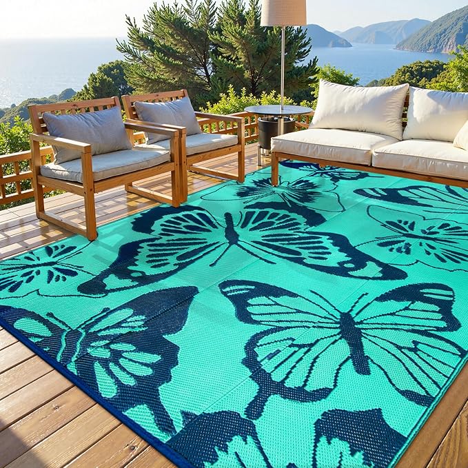 Beeiva Butterfly Outdoor Rug 8x10 Patio Waterproof, 8x10 Reversible Plastic Outdoor Rugs for Patio, Lightweight & Easy Clean Mat for Pool, Balcony, Backyard, Camping, Deck - Teal