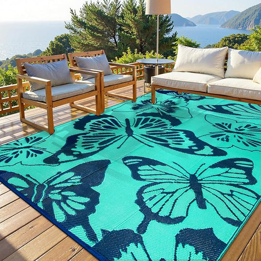 Beeiva Butterfly Outdoor Rug 8x10 Patio Waterproof, 8x10 Reversible Plastic Outdoor Rugs for Patio, Lightweight & Easy Clean Mat for Pool, Balcony, Backyard, Camping, Deck - Teal