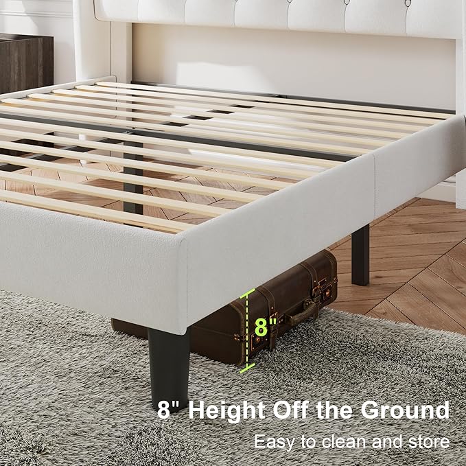 Feonase Queen Size Bed Frame with Diamond Tufted Wingback Headboard, Upholstered Platform Bed, Sturdy Wooden Slats Support, Noise-Free, No Box Spring Needed, Easy Assembly, White