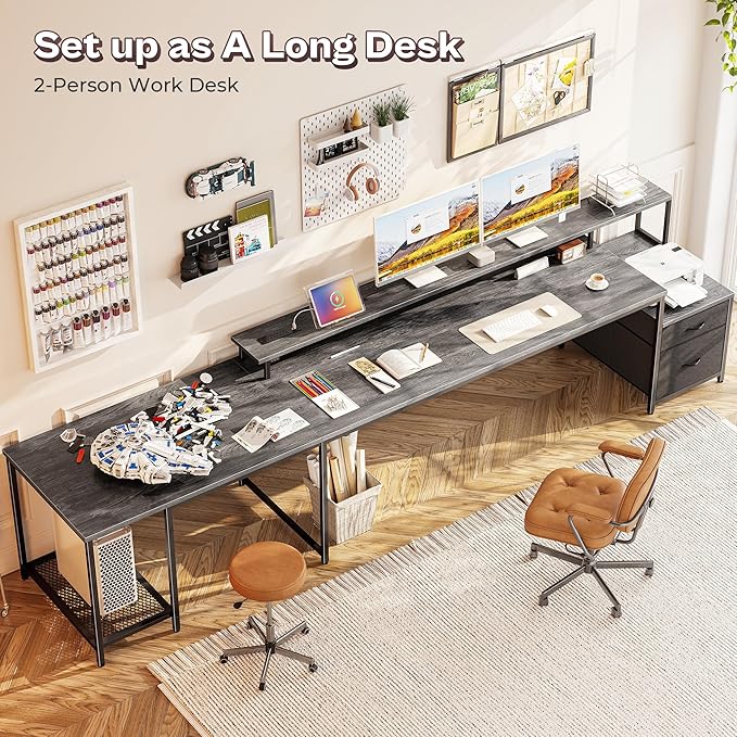 PRAISUN 66 Inch L Shaped Computer Desk with Power Outlets and LED Lights, Home Office Desk with Fabric Drawers and Print Stand, L Shape or Long Set up, Monitor Stand, Mesh CPU Stand, Grey