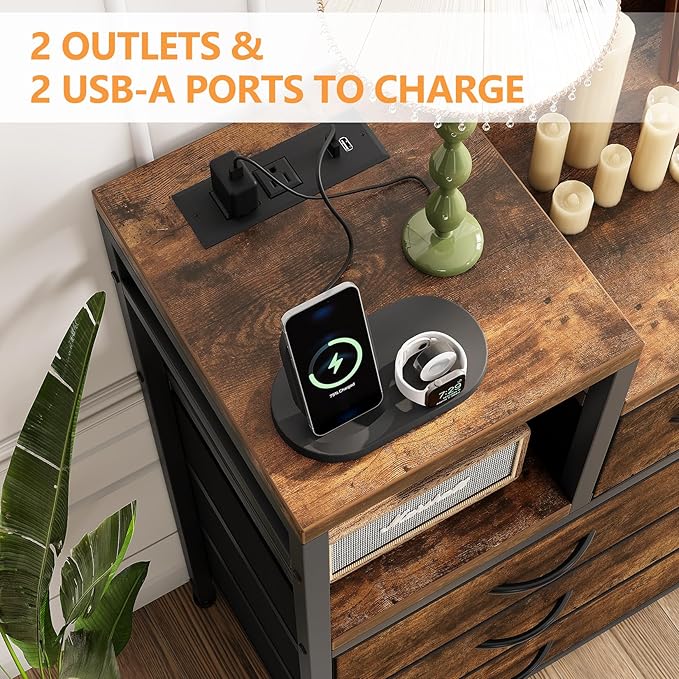 Jojoka TV Stand with Charging Station, Bedroom Dresser for Living Room TV Stand with 9 Drawers, Vintage