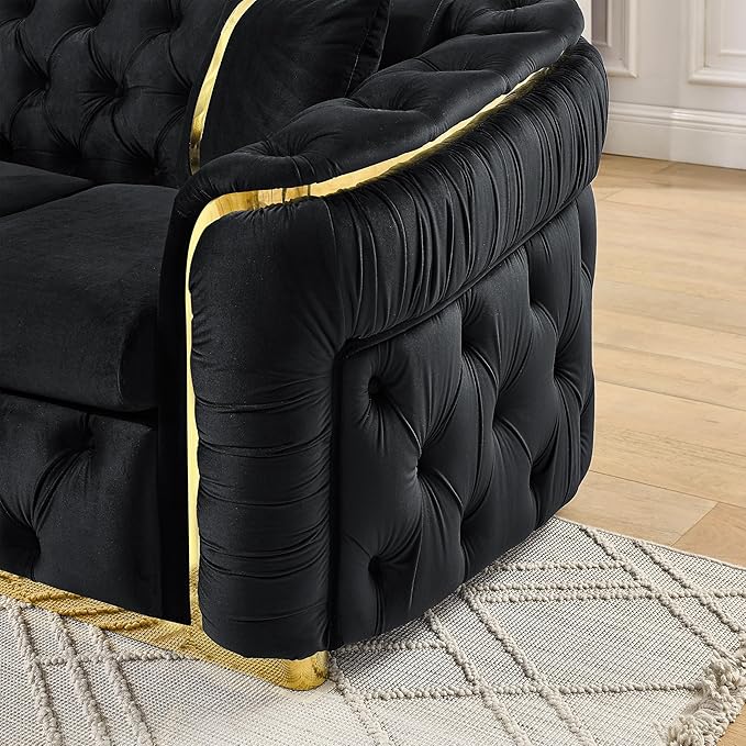 KEIKI 91" Luxury Oversized Velvet Chesterfield Sofa with Gold Stainless Steel Accents and 2 Pillows, Mid-Century Style 3-Seater Button Tufted Couch, Easy Assembly, for Apartment, Living Room, Black