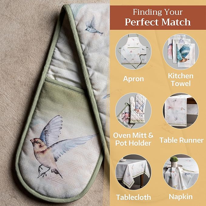 Maison d' Hermine Double Oven Mitts 100% Cotton 7"x35" Double Oven Mitt Heat Resistant BBQ Cooking Gloves with Loop, Baking, Grilling, Home, Kitchen, Handling Hot Pans Spring Summer (Flying Birds)
