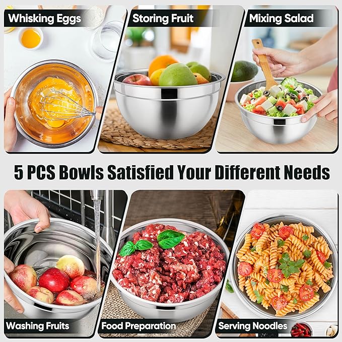 P&P CHEF Mixing Bowl with Airtight Lid Set of 5, 10-Piece Stainless Steel Nesting Salad Bowl Set for Prepping, Mixing and Serving, Size 4.6, 3, 1.5, 1, 0.7 QT, Rimmed Edges & Flat Base, Black