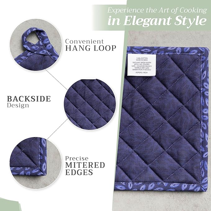 Maison d' Hermine Pot Holders Set 100% Cotton Heat Resistant Potholders 8" x 8" Hot Pads with Loop for Thanksgiving Christmas Decorations BBQ Baking Handling Hot Pans (Pack of 2, Pumpkin Blues)