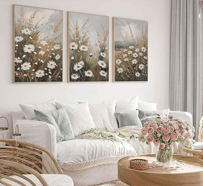 3 Pcs Vintage Wildflowers Field Canvas Wall art Farmhouse Rustic Wildflower Nature Landscape Painting Pictures Wall Decor Posters Print Artwork for Living Room Bathroom Home Decoration Unframed