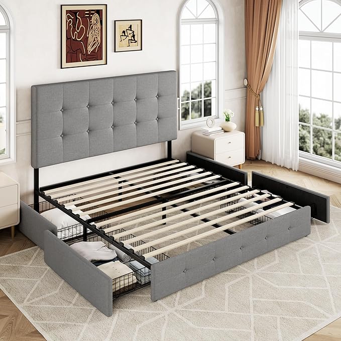 Allewie Upholstered Queen Size Platform Bed Frame with 4 Storage Drawers and Headboard, Square Stitched Button Tufted, Mattress Foundation with Wooden Slats Support, No Box Spring Needed, Light Grey