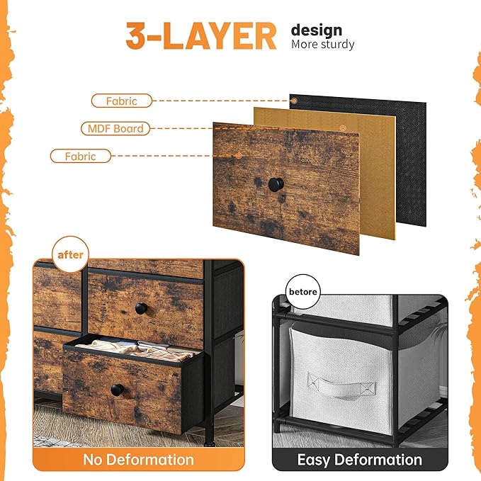 Tv Stand for Bedroom with 13 Fabric Dresser,Entertainment Center for 40,50,55 inch Tv,Dressers & Chests of Drawers for Living Room, Hallway, Entryway, Metal Frame, Rustic Brown