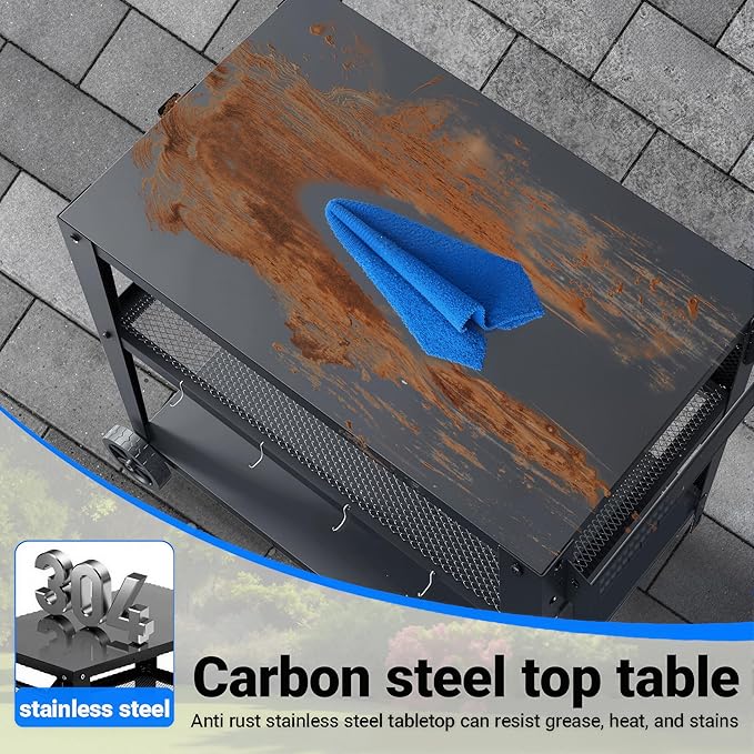 3-Shelf Outdoor Grill Table & Pizza Oven Cart with Wheels, Stainless Steel BBQ Prep Table with Hooks, Mobile Grill Stand for Blackstone (Black)