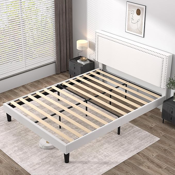 VECELO Full Size Platform Bed Frame with Height Adjustable Upholstered Headboard, Modern Mattress Foundation,Strong Wood Slat Support, No Box Spring Needed, Easy Assembly