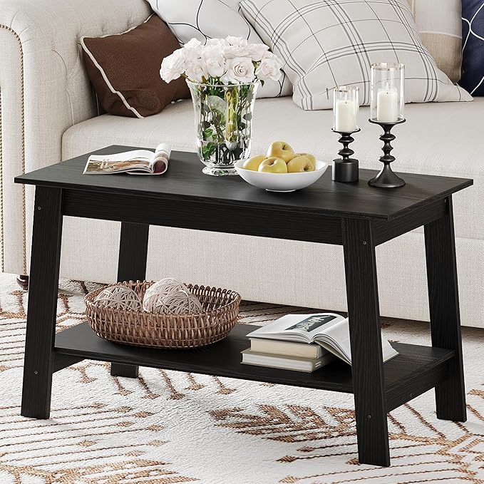 Coffee Table for Living Room, 2 Tier Coffee Table with Storage, Small Rectangular Center Tables with Shelf, Space Saving, Easy Assembly, Black