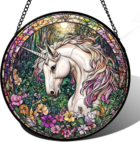 Stained Glass Window Hanging, Unicorn Flowers Suncatcher for Doors Home Sun Catchers Decoration and Christmas, Mother's Day Birthday Gifts for Women, Men, and Mom 14.9x14.9 in