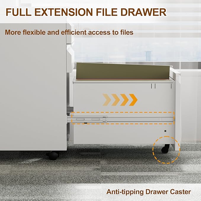 Metal Mobile File Cabinet with Lock and 4 Keys - Fully Assembled, Under Office Desk 3 Drawers Filing Cabinet for Home Office with Anti-tilt Wheels, A4/Legal/Letter Hanging File Drawers