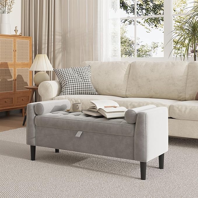 46.5" Storage Ottoman Bench – Upholstered End-of-Bed Storage Chest with Rolled Armrests & Wood Legs, Entryway Shoe Bench and Footrest Seat for Hallway, Bedroom & Living Room& Walk-in Closet (Gray)