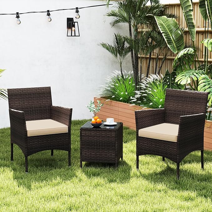 Tangkula 3 Pieces Patio Rattan Furniture Set, Outdoor Conversation Set with PE Wicker Armchairs, Tempered Glass Top Coffee Table, Soft Removable Cushions, for Porch Garden Yard Balcony (Beige)