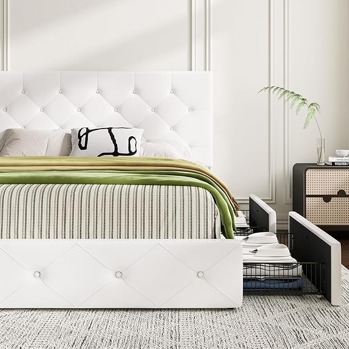MUTICOR Full Size Bed Frame with 4 Storage Drawers, Upholstered Platform Bed with Button Tufted Adjustable Headboard, No Box Spring Needed, Easy Assembly, Diamond Tufted, White Leather