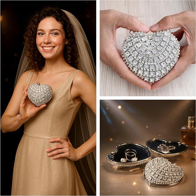 Ayliss Jewelry Trinket Box Heart Shaped Rhinestones Love Jewelry Gift Box Storage Organizer Ring/Earrings/Necklace Women Evening Clutch Rhinestone Purses (Silver)