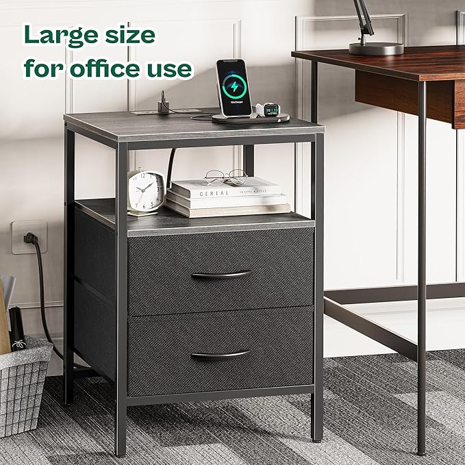 Huuger Night Stand with Charger Station, 27.7 Inch Tall Nightstand, Bed Side Table with 2 Fabric Drawers, Fabric Drawer Dresser for Bedroom, Living Room, Grey