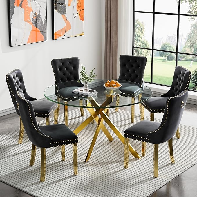 Goujxcy Round Dining Table Set for 6, Modern Glass Kitchen Table and Chairs Set of 6, 7-Piece Dining Room Table Set w/47 Circle Gold Glass Dining Table and 6 Upholstered Velvet Chairs